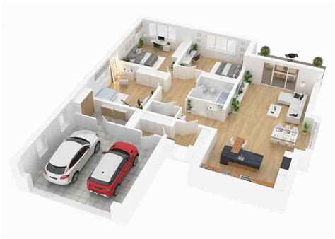 L Shaped Open Concept 2 Bedroom House Floor Plan Design 3d