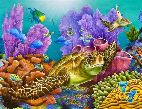 This color is available in both a quart and a pot size. Carolyn Steele tropical art print coral reef and sea turtle