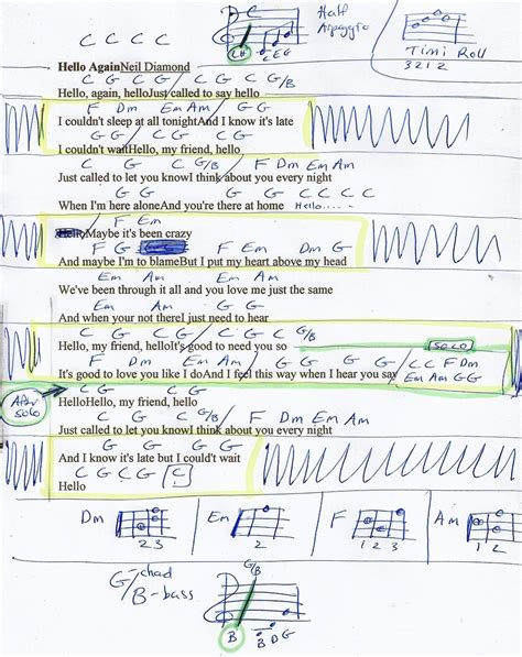 Hello Again Neil Diamond Guitar Chord Chart Simplified Lyrics And