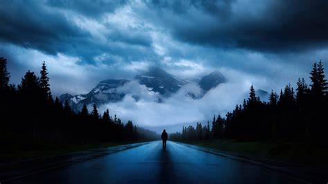 Download Walking Alone Road Mountains Silhouette Dark 1920x1080