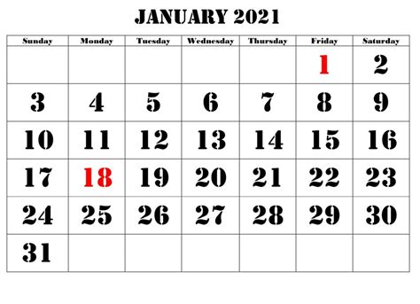 Also, it is the first of 7 months to have a length of 31 days. January 2021 Calendar - Free Calendar Template with ...