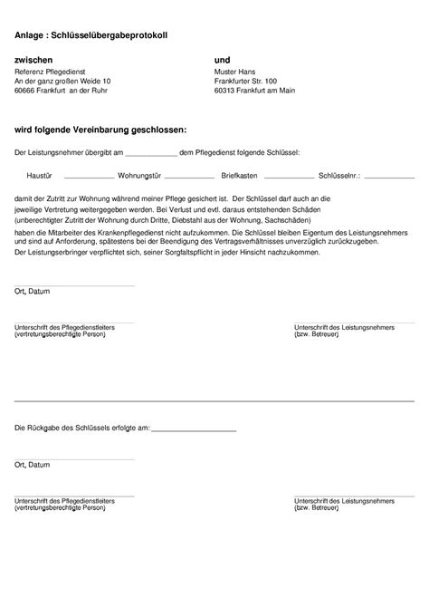 Die wohnung wurde in einem sauberen und ordentlichen zustand zurückgeben. Schlüsselübergabeprotokoll Muster