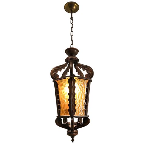 Large Midcentury Wooden Pendant / Light Fixture with Rare Amber