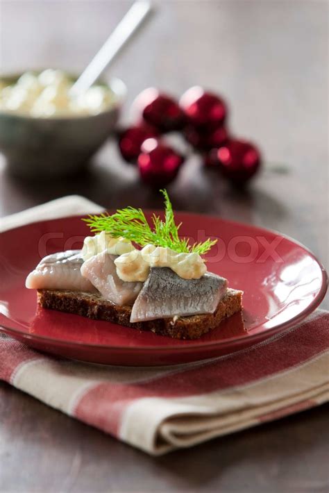 Traditional Danish Christmas Food For Lunch Pickled Herring On Rye