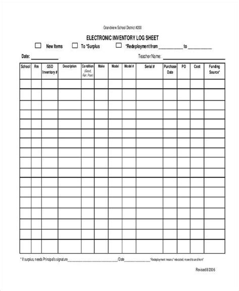 Inventory Log Sheet Printable