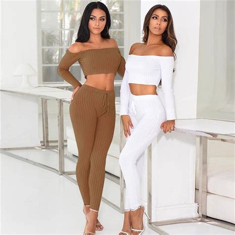 Nclagen 2018 Woman Sexy Ribbed Knitted Tracksuits 2 Piece Suit Set Navel Bare Crop Off Shoulder