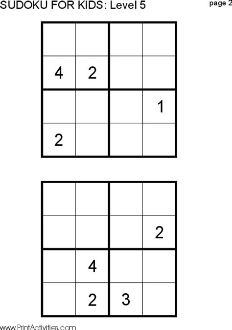 Here are some free, printable sudoku worksheets and one set if easy puzzles made out of 4x4 and 6x6 grids. Free Kid Sudoku Puzzle: Level 5 Page 2