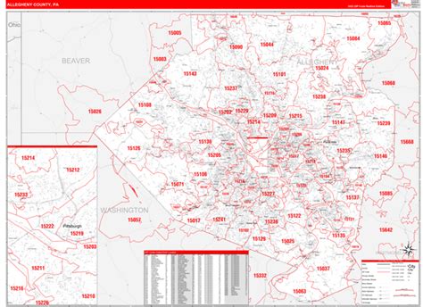 Allegheny County Pa Zip Code Wall Map Red Line Style By Marketmaps