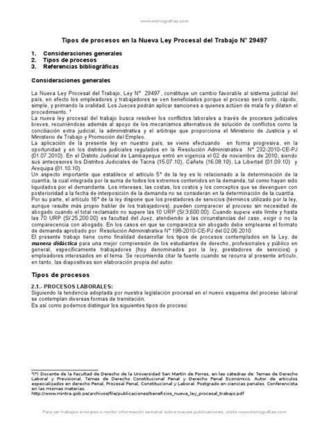 Pdf Tipos De Procesos Nueva Ley Procesal Del Trabajo N° 29497