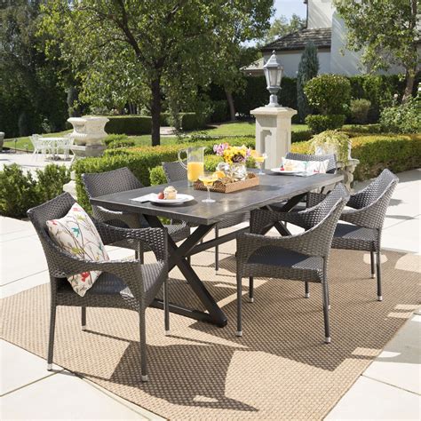 Grays Outdoor 7 Piece Wicker Dining Set with Rectangular Aluminum Table ...