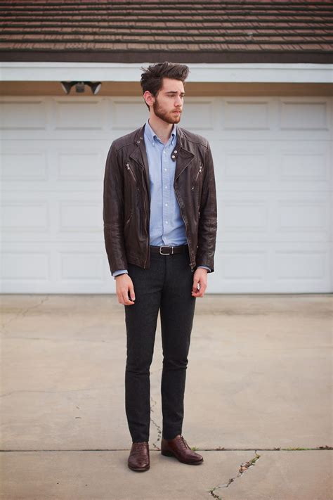 Brown Leather Jacket Blue Shirt Grey Pants