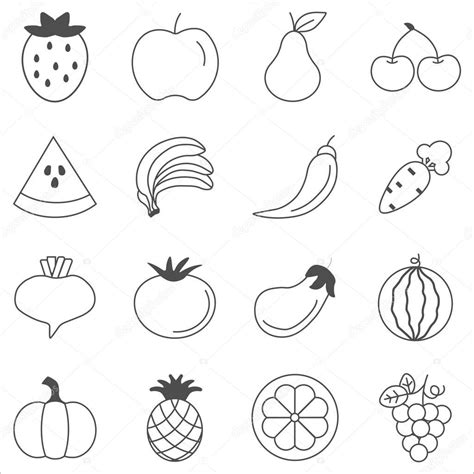 Frutos comestibles para colorear | Frutas y verduras sketch vectores en