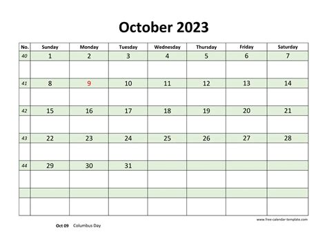 Free October 2023 Calendar Coloring On Each Day Horizontal Free