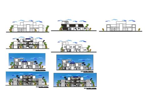 Modern Three Story Bungalow All Sided Elevation Cad Drawing Details Dwg