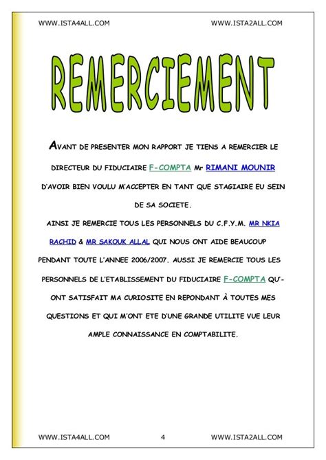 Lettre Remerciement Stage Bac Pro Remerciements Du Rapport De Stage