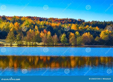 Beautiful Fall Scenery At Aubusson Lake Auvergne France Stock Photo