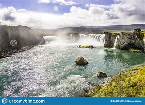 Beautiful Landscape Godafoss Waterfall And Cliff In East Iceland Stock