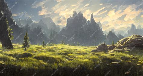 Premium Ai Image Fantasy Landscape Mountains 3d Render With Grass