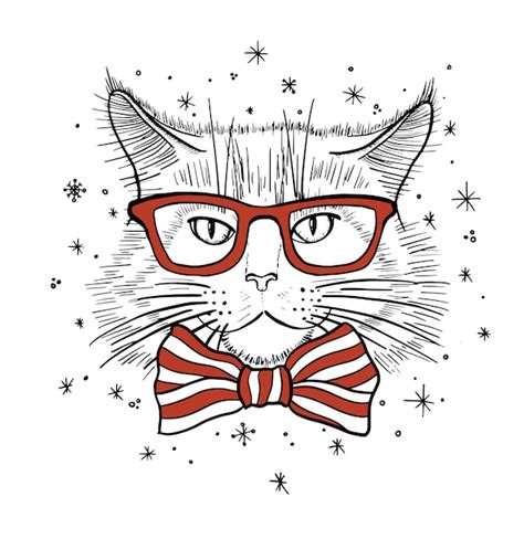 Retrato Dibujado A Mano De Gato En Gafas Con Pajarita Ilustración