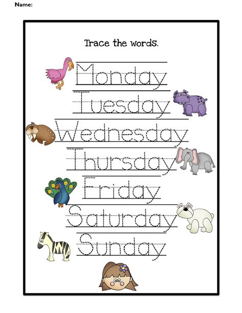 Days Of The Week Tracing Worksheets