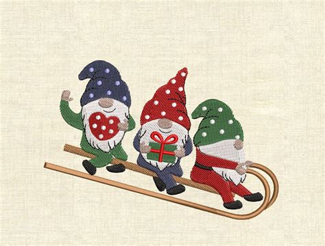Machine Embroidery Designs Three Gnomes On Sled Etsy