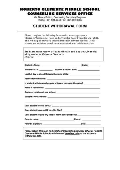 Student Withdrawal Form Printable Pdf Download