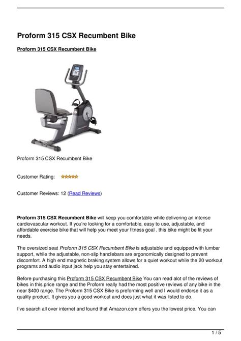 Proform 315 Csx Recumbent Bike By Recumbent Bikex Issuu