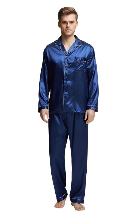 Mens Silk Satin Pajama Set Long Sleeve Navy Blue With White Piping Tony And Candice