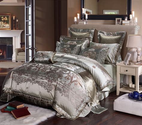 Silver Silk Cotton Satin Jacquard Luxury Chinese Bedding Set Queen King Size Bedding Set Bed