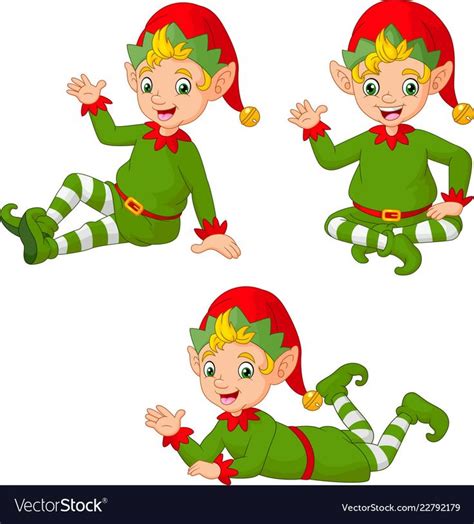 Cartoon Christmas Elves In Different Poses Vector Image Christmas Elf