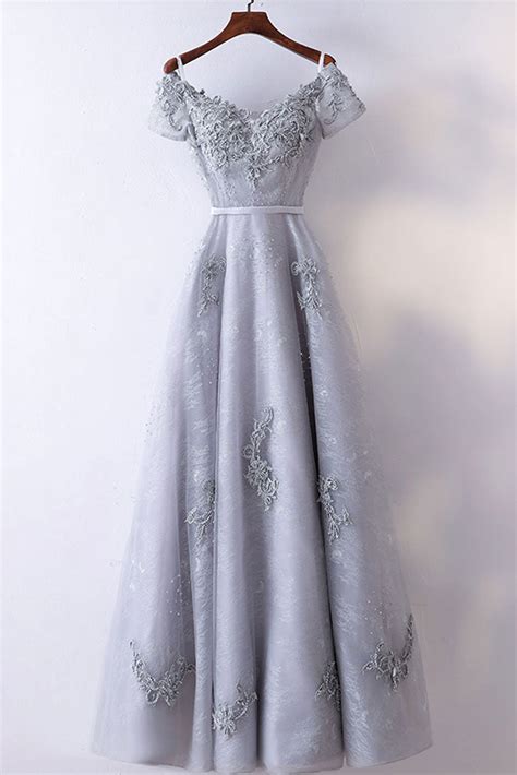 Gray V Neck Tulle Lace Beads Long Prom Dress Bridesmaid Dress Dresstby