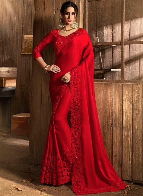 Red Embroidered Border Wedding Saree Ready To Ship Sale Sarees