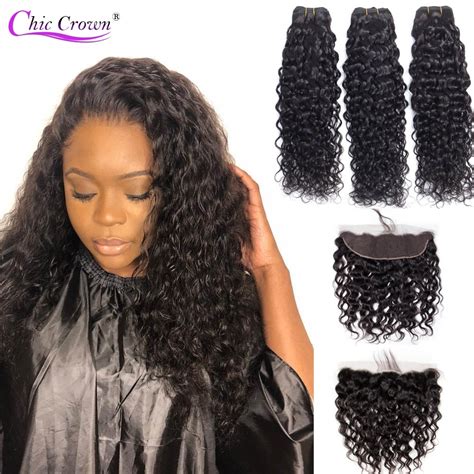Water Wave Bundles With Frontal Closure 13x4 Lace Frontal With Bundles Chic Crown Real Human