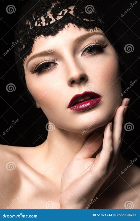 Beautiful Dark Haired Girl With Long Eyelashes Red Lips And Lace On Her Head Beauty Face Stock