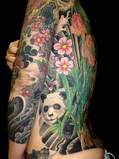 3d Colorful Panda With Bamboos And Flowers Tattoo On Full Sleeve And Panda Tattoo Panda