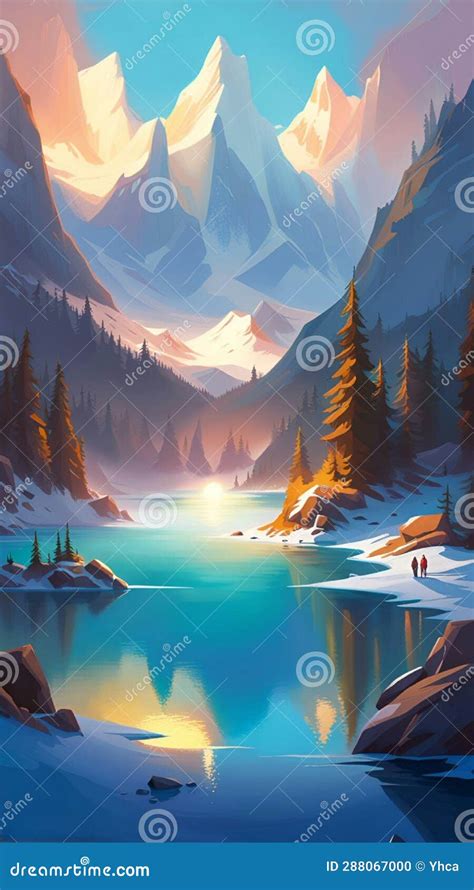 Crystal Clear Lake Surrounded By Towering Snowy Peaks Stock
