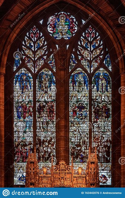 The ornate stained glass over the altar at liverpool anglican cathedral. LIVERPOOL, ENGLAND, DECEMBER 27, 2018: Stained Glass From ...