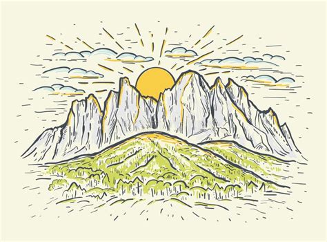 Hand Drawn Color Sketch Vector Illustration With A Mountains Cliff And