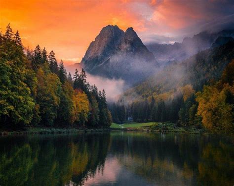 Lake Mountain Forest Germany Mist Sunset Fall Trees Water Sky Nature Landscape
