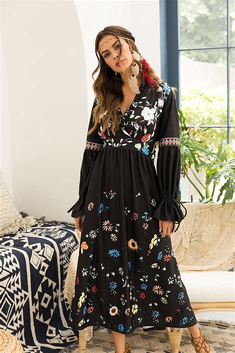 Boho Style Long Sleeve Floral Maxi Dress Boho Dresses Long Black