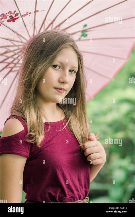 Pre Teen Girl Outdoors Stock Photo Alamy