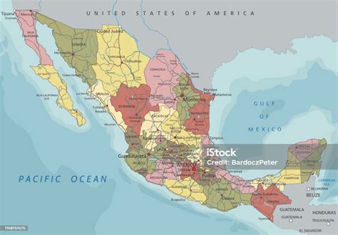 Meksiko Peta Politik Yang Sangat Rinci Diedit Dengan Pelabelan