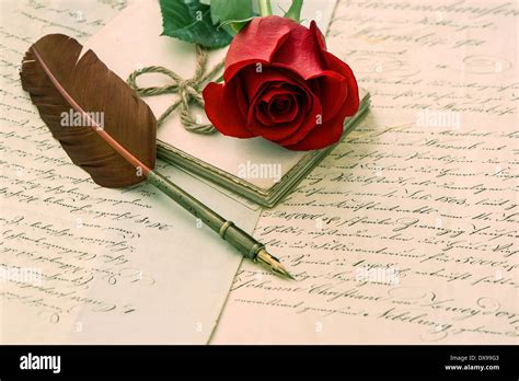 Old Love Letters Rose Flower And Antique Feather Ink Pen Romantic