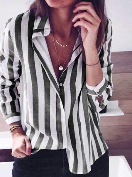 Blouse Stripes Turndown Collar Casual Tops Power Day Sale