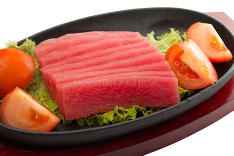 Fresh Raw Tuna Fish Pieces On Plate Isolated Stock Image Image Of