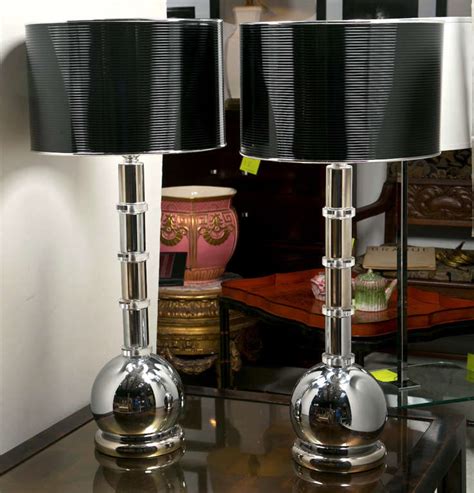 Pair Of Large Vintage Mercury Glass Lamps With Black Drum Shades At 1stdibs