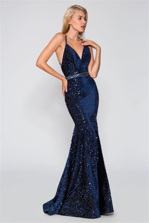 Sparkling Deep V Neck Mermaid Dress In Midnight Blue Stella Couture