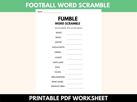 Printable Football Word Scramble Worksheet Instant Download Activity