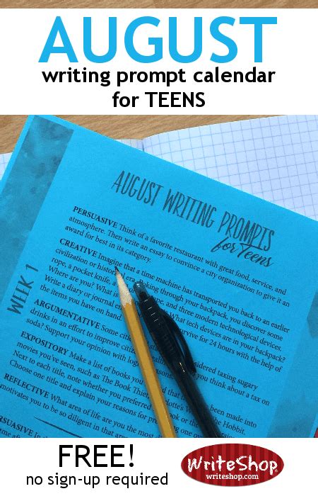 Free August Writing Prompt Calendar For Teens Homeschool Writing