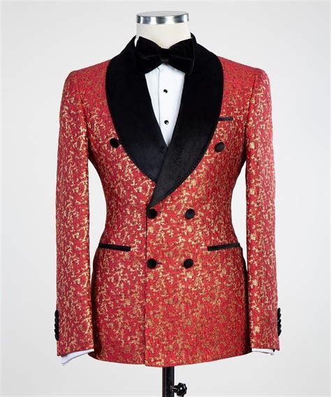 Mens Mixed Gold And Red 2pcs Double Breasted Suit Double Breasted